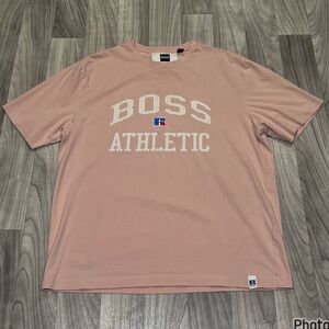 SIZE XXL MENS HUGO BOSS x RUSSELL ATHLETIC DUSTY PINK SPELL OUT SHIRT